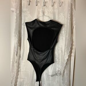 Women’s Bodysuit, Open Back Black Leather, Size XS